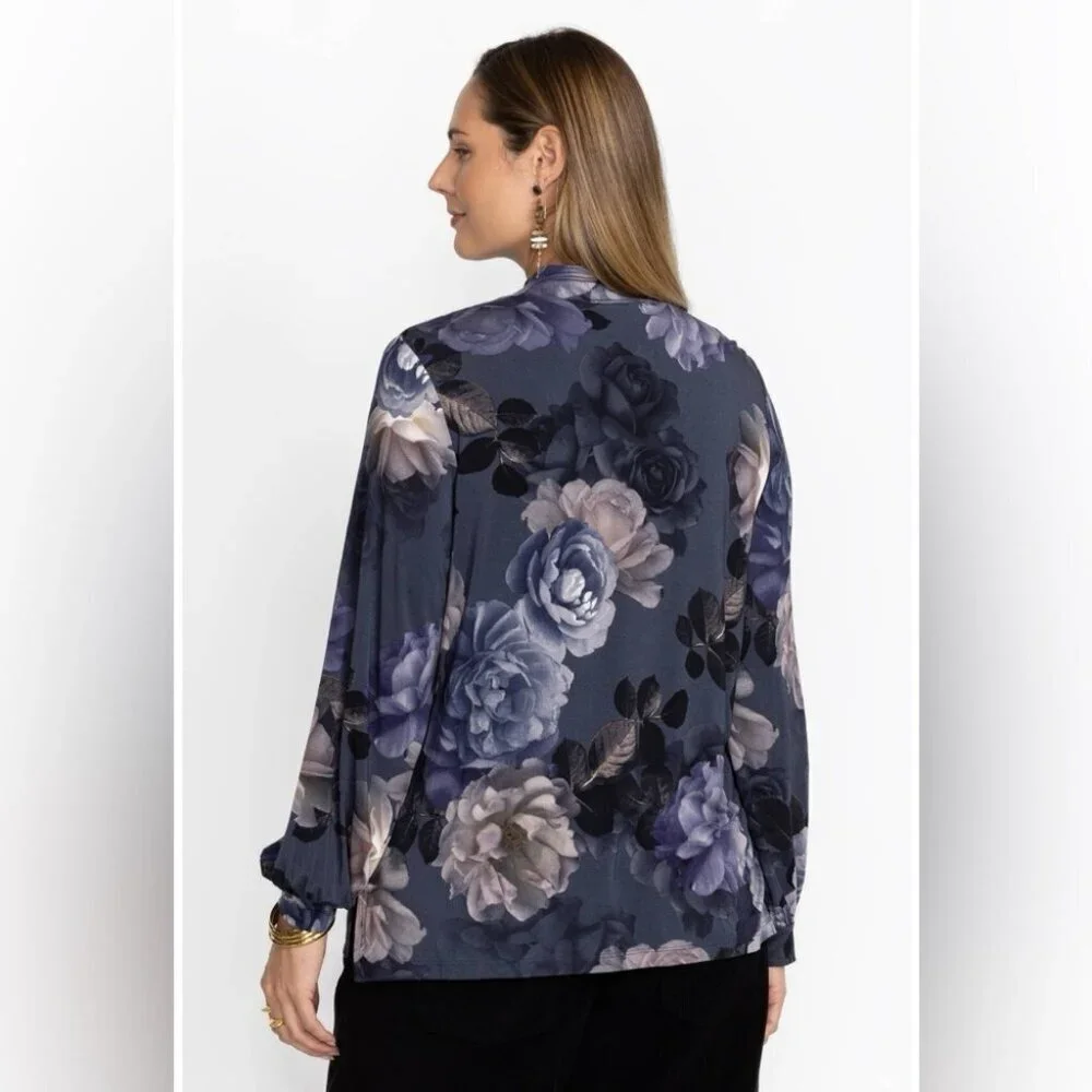 JOHNNY WAS GREY PEONY PUFF SLEEVE MOCK NECK TOP SIZE 3X